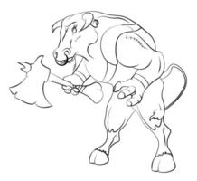 minotaur bull has prepared for battle and is holding a huge ax. Legendary monsters. Mythology of ancient Greece. Illustration for coloring on a white background vector