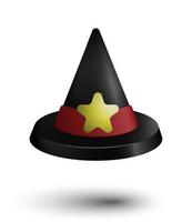 kids wizard hat for Halloween with bright red ribbon and yellow star. Plastic toy for the holiday of pumpkin and fun. Vector over white background. Design element