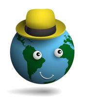 kind happy planet earth in a yellow tourist hat. Good mood. Time to rest and travel. Caring for the ecology of the planet. Realistic vector