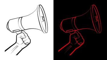 Man hand holds a megaphone, loudspeaker of a cinema director. Speeches of the speaker at rallies, strikes and meetings. Minimalistic vector