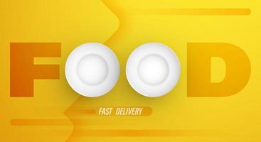 Realistic plates. Fast food delivery from shops for online orders. Service. Conceptual yellow banner. Vector