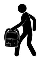 Stick figure. Schoolboy, student goes with a backpack in his hands. September 1, day of knowledge. Simple icon for web site, infographic. Vector on a white background