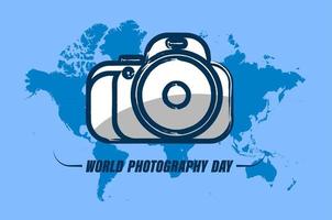 World Photography Day August 19th. Camera on background of continents of the Earth. Template for a festive design. Vector