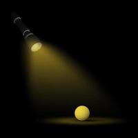 beam of flashlight light shines on a yellow ball in the dark. Search for answer to question, truth. Loneliness, wandering in dark. Abstract realistic illustration vector