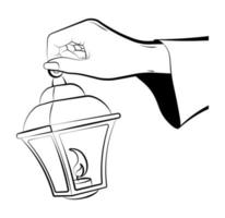 female hand of sorceress holds a lantern with burning candles inside. Celebration of Halloween in fancy dress. Magic and witchcraft, rituals. Black and white vector