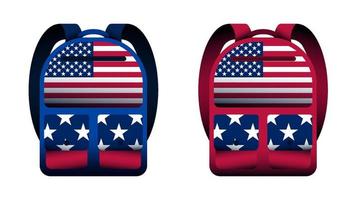 conjunto de mochilas escolares brillantes con elementos de bandera americana. primer plano. 1 de septiembre, inicio de año en la escuela. accesorios de estudiante de vector sobre un fondo blanco