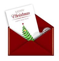 tarjeta de felicitación en sobre rojo para navidad y año nuevo. entrega de correo de vacaciones por santa claus. feliz navidad y año nuevo 2021. vector realista sobre fondo blanco