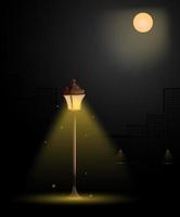 street light in big city. Vintage style. Night romance of metropolis. Bright full moon in sky. Street lighting at night. Realistic vector illustration