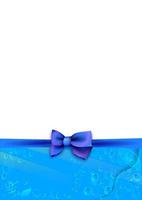 template, festive background with blue silk bow and ribbons in nautical style with water elements. Gift layout for a postcard. Vector