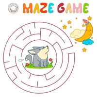 Maze puzzle game for children. Circle maze or labyrinth game with wolf. vector