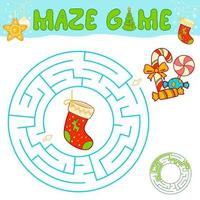 Christmas maze puzzle game for children. Circle maze or labyrinth game with Christmas Sock. vector