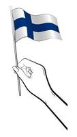 la mano femenina sostiene suavemente la pequeña bandera de finlandia con los dedos. elemento de diseño de vacaciones. vector sobre un fondo blanco