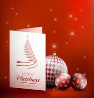 Christmas decorations, glass balls. Christmas and New Year greeting card design, holiday banner. Decorations, shiny glass balls on red background. Realistic vector