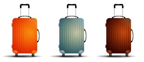 Color travel bag. Suitcase for luggage on wheels. Transportation of things in transport while on vacation. Realistic vector