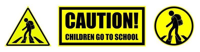 Set of yellow black danger signs, attention. Children cross road at the pedestrian crossing to school. Road safety. Vector on white background