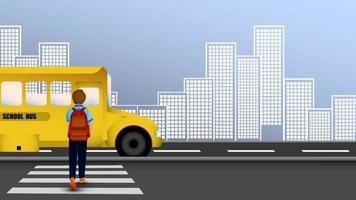 boy with a backpack walks along the pedestrian crossing to yellow school bus. September 1 is beginning of the school year. Traffic safety in the metropolis. Vector