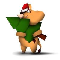 pequeño toro feliz, símbolo de 2021 para el calendario chino, se para con un árbol de navidad en las manos y una sonrisa satisfecha en la cara. año nuevo de buen humor. animales divertidos. vector