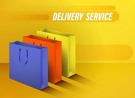 Fast delivery and transportation of goods from stores. Online order. Realistic multi-colored cardboard bags. Concept for a website. Color vector