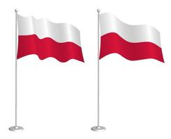 Flag of Poland on flagpole waving in the wind. Holiday design element. Checkpoint for map symbols. Isolated vector on white background