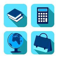 School items. Backpack, globe, calculator, books. September 1, beginning of school year. Set of square vector icons on white background