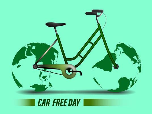 World car free day banner or poster. Bicycle with wheels in form of planet earth. Environmental protection and care. September 22nd. Realistic vector