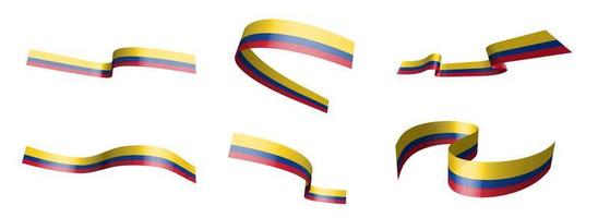 Set of holiday ribbons. flag of Colombia waving in the wind. Separation into lower and upper layers. Design element. Vector on a white background