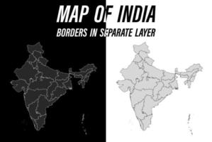 mapa detallado de india con bordes. vectores en blanco y negro