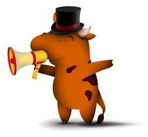 happy little bull in top hat, symbol of 2021 in Chinese calendar with happy smile on face. Speaking into megaphone, New Year sale. Funny animals. Vector