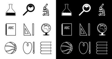 set of icons. Back to school September 1st. School items. Microscope, globe, test tube, magnifier with virus, textbooks, basketball. Black and white vector