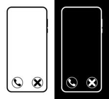 ícono de teléfono inteligente con botones para aceptar y rechazar una llamada entrante. vectores en blanco y negro
