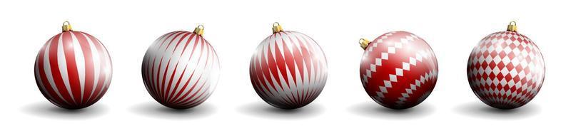 red Christmas balls. A set of New Year decorations with an ornament. Merry Christmas. New Year celebration. Realistic vector on white background