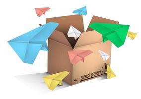 paper planes flying out of box labeled EXPRESS MAIL. Sending messages and delivering e-mail. Color vector