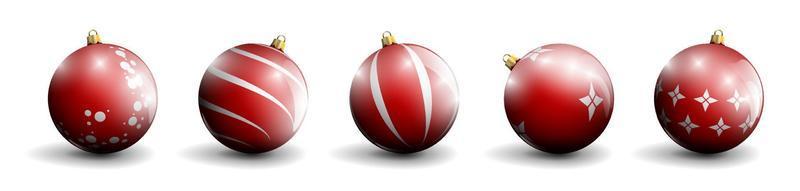red Christmas balls. Set of New Year decorations with an ornament. Merry Christmas. New Year celebration. Realistic vector on white background