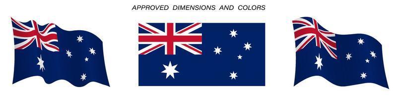 bandera de australia en posición estática y en movimiento, desarrollándose en el viento en colores y tamaños exactos, sobre un fondo blanco vector