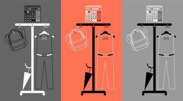 Illustration. Back to school. Backpack and a school uniform of a student boy hang on a hanger. September 1st on the calendar. Beginning of school year. Minimalistic vector