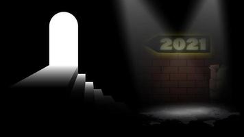Light from the doorway. Step down from the door. Exit from crisis 2020 to new 2021. Hopes for best, tormented by a bright future next year, fear or success. Vector