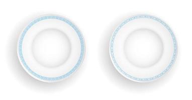 empty white realistic plates with blue ornaments. Table setting and serving dishes. Vector