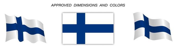 bandera de finlandia en posición estática y en movimiento, desarrollándose en el viento. tamaños y colores exactos sobre un fondo blanco vector