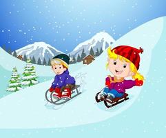 n the winter, kids play in the snow very joyfully vector