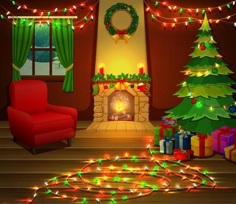 Christmas fireplace with xmas tree, presents and armchair