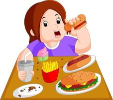 mujer con sobrepeso comiendo comida rapida vector
