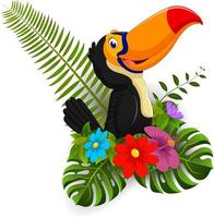 Cartoon toucan with tropical flower and leave background vector