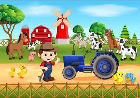 escenas de granja con muchos animales y granjeros. vector
