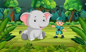 Elephant and adventurer in the jungle vector