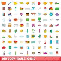 100 cozy house icons set, cartoon style vector