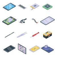 Tablet repair icons set, isometric style vector