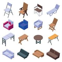 Folding furniture icons set, isometric style vector