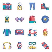 Conjunto de iconos de símbolos hipster, estilo de dibujos animados vector