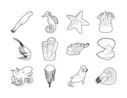 Sea creature icon set, outline style vector