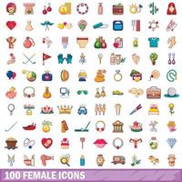100 female icons set, cartoon style vector